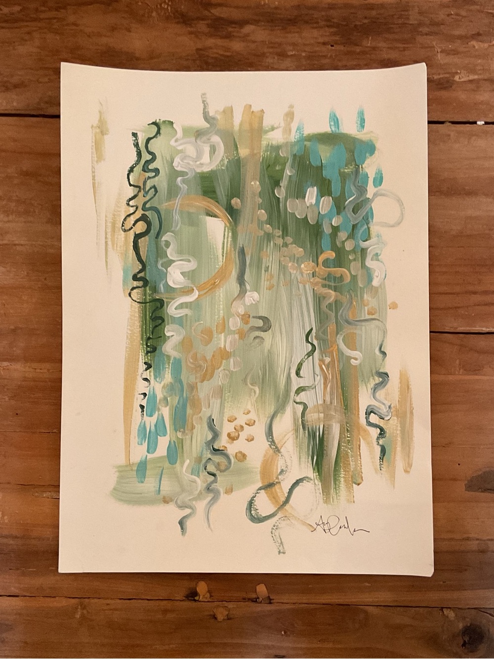 Green/Gold original abstract artwork, 11” x 15”